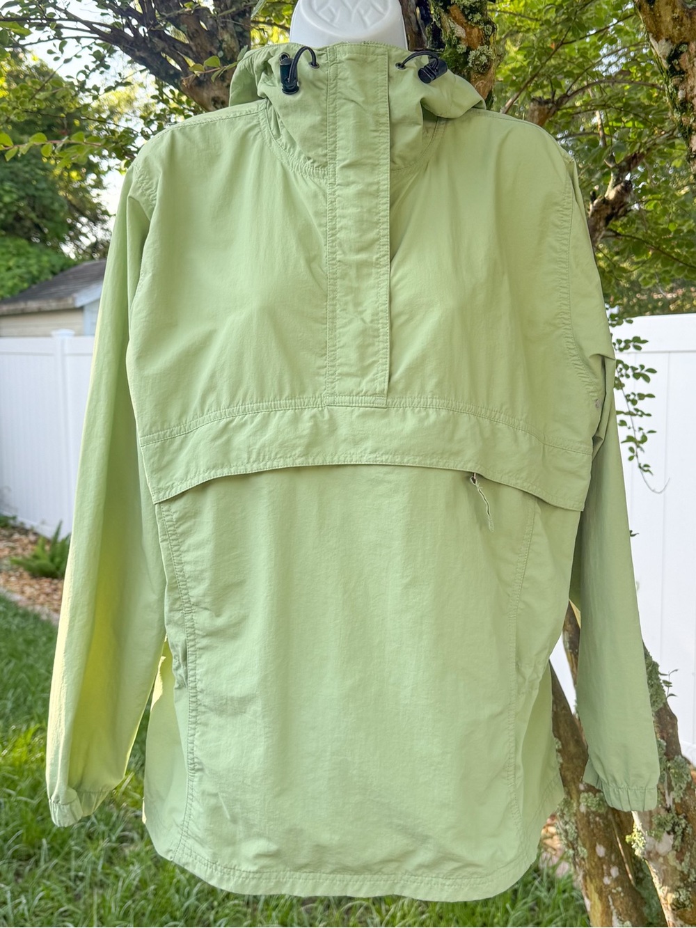 LL Bean Womens M Hooded Anorak Windbreaker Jacket Green Half Zip Nylon